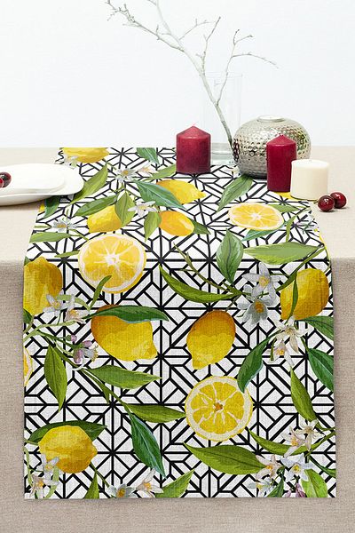 Realhomes Geometric And Lemon Patterned 3D Digital Printed Stitched Raschel Knitted Runner