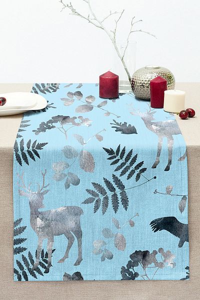 Realhomes Deer and Leaf Patterned Decorative Stitched Raschel Knitted Runner with Blue Background