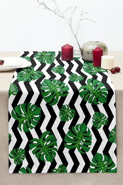 Realhomes Zigzag Zebra Themed Leaf Drawing Digital Printed Stitched Raschel Knitted Runner