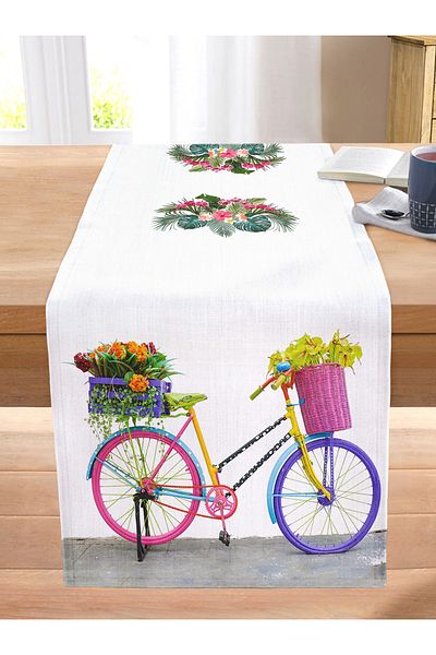 Realhomes Bicycle Patterned Digital Printed Decorative Stitched Raschel Knitted Runner