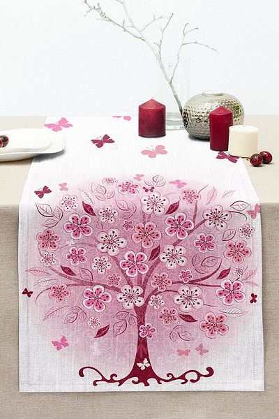Realhomes Pink Floral Tree Themed Digital Printed Stitched Raschel Knitted Runner