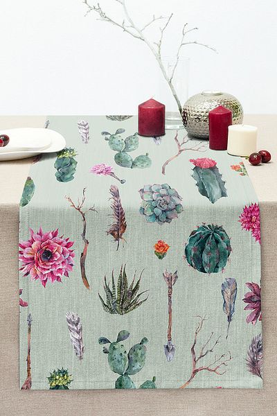 Realhomes Digital Printed Modern Stitched Raschel Knitted Runner with Cactus Pattern on Colorful Background