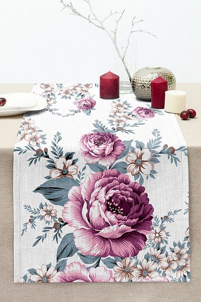 Realhomes Purple Rose Themed Digital Printed Decorative Stitched Raschel Knitted Runner