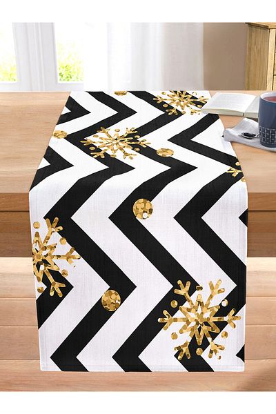 Realhomes Black and White Zigzag Gold Detailed Snowflake Modern Stitched Raschel Knitted Runner