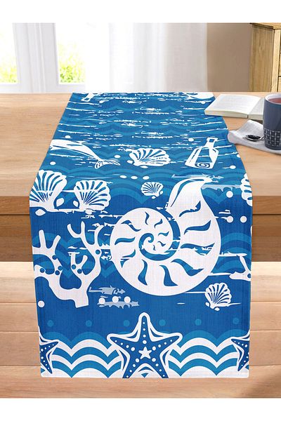 Realhomes Lighthouse Patterned Digital Printed Modern Stitched Raschel Knitted Runner with Blue Background