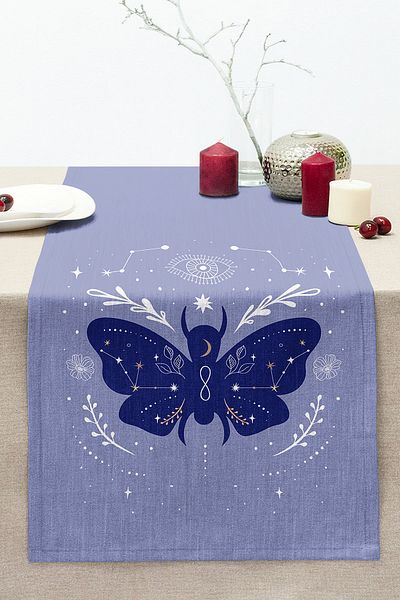 Realhomes Carolina Blue Background Endless Butterfly Patterned Modern Stitched Raschel Knitted Runner