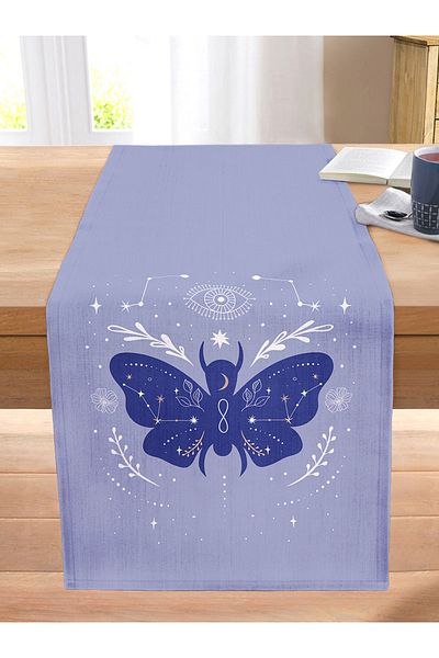 Realhomes Carolina Blue Background Endless Butterfly Patterned Modern Stitched Raschel Knitted Runner