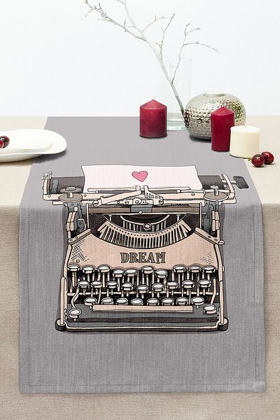 Realhomes Gray Background Antique Typewriter Drawing Digital Printed Modern Stitched Raschel Knitted Runner