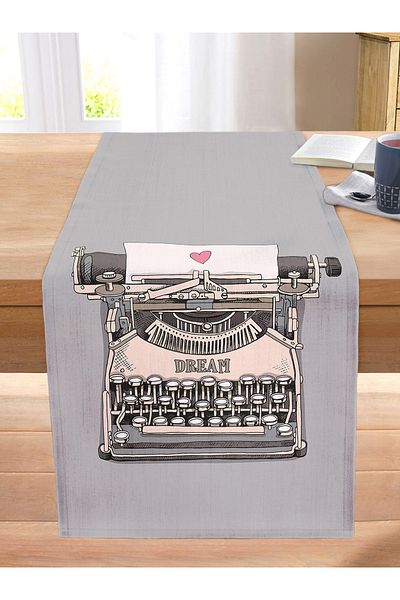 Realhomes Gray Background Antique Typewriter Drawing Digital Printed Modern Stitched Raschel Knitted Runner