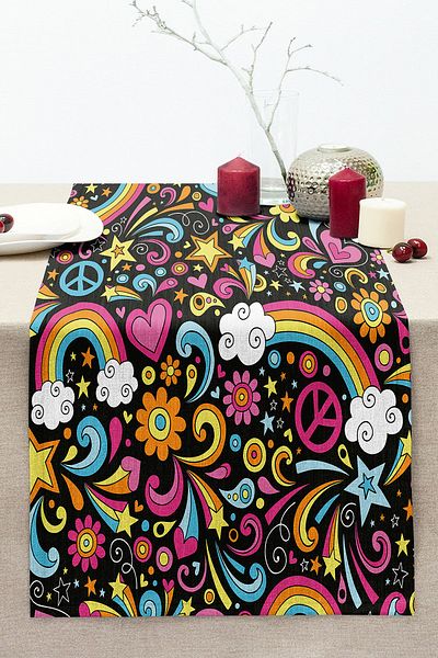 Realhomes Black Background Rainbow Patterned Digital Printed Special Design Modern Stitched Raschel Knitted Runner