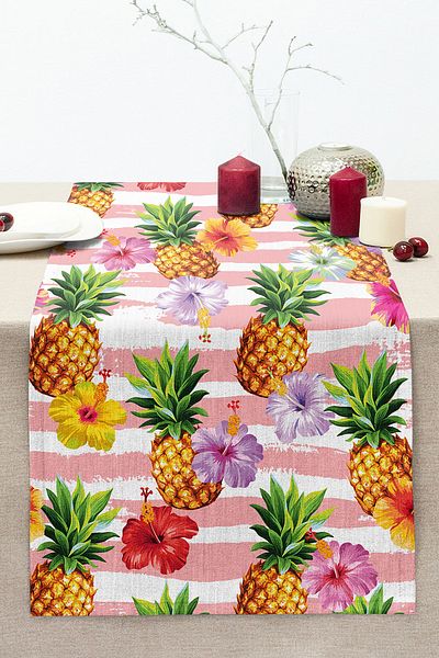 Realhomes Pink Background Pineapples Special Design Stitched Raschel Knitted Runner