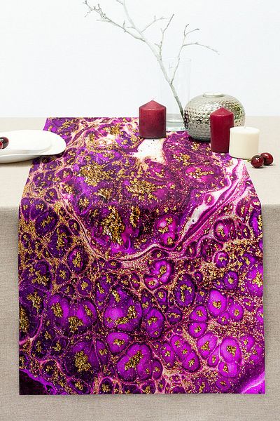 Realhomes Gold Patterned Special Design Digital Printed Modern Stitched Raschel Knitted Runner on Purple Surface