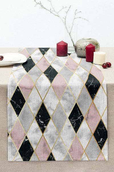 Realhomes Diamond Patterned Special Design Stitched Raschel Knitted Runner with Marble Background