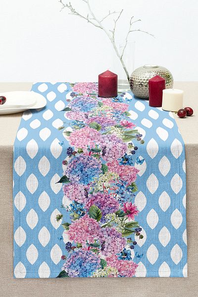 Realhomes Blue Background Colored Hydrangea Flower Motif Stitched Raschel Knitted Runner