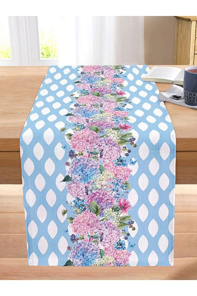 Realhomes Blue Background Colored Hydrangea Flower Motif Stitched Raschel Knitted Runner