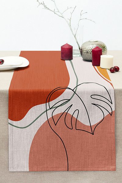 Realhomes Digital Printed Modern Stitched Raschel Knitted Runner with Leaf Pattern on Pastel Background