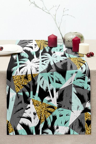 Realhomes Digital Printed Modern Stitched Raschel Knitted Runner with Colorful Palm Pattern on White Background