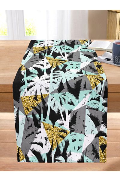 Realhomes Digital Printed Modern Stitched Raschel Knitted Runner with Colorful Palm Pattern on White Background