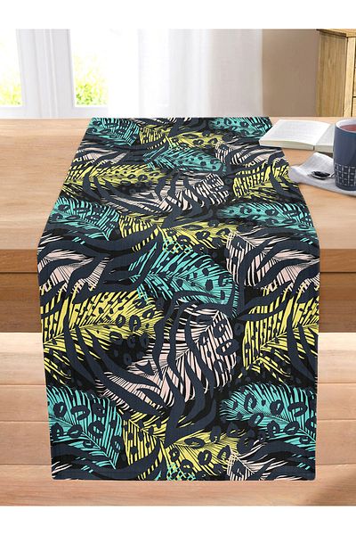 Realhomes Special Design Stitched Raschel Knitted Runner with Colored Leaf Motif on Black Background