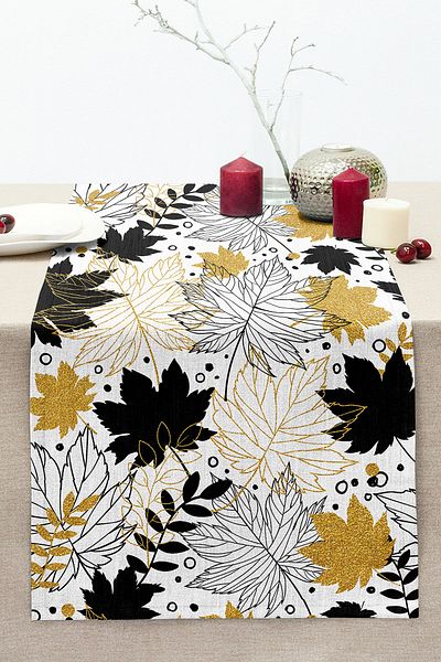Realhomes Gold Detailed Autumn Leaf Patterned Digital Printed Modern Stitched Raschel Knitted Runner on White Background
