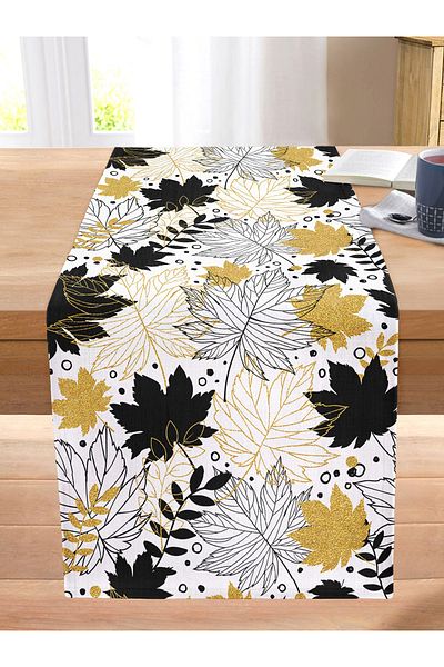 Realhomes Gold Detailed Autumn Leaf Patterned Digital Printed Modern Stitched Raschel Knitted Runner on White Background