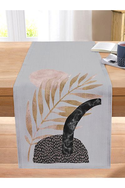 Realhomes Decorative Stitched Rahel Knitted Runner with Gold Leaf Motif on Gray Background