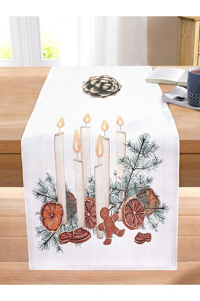 Realhomes Digital Printed Modern Stitched Raschel Knitted Runner with Pine Leaf Candle Design