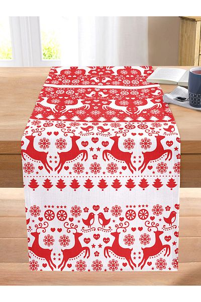 Realhomes Red White Christmas Deers Digital Printed Stitched Raschel Knitted Runner
