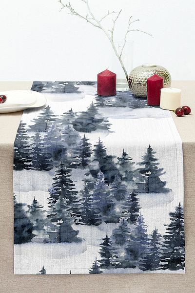 Realhomes Watercolor Drawing Winter Themed Pine Trees Digital Printed Decorative Stitched Raschel Knitted Runner
