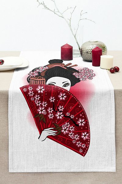 Realhomes Red Fan Shaman Japanese Women's Digital Printed Stitched Raschel Knitted Runner