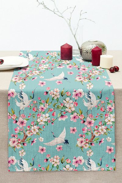 Realhomes Mint Green Background Modern Stitched Raschel Knitted Runner with Flower Stork Motif