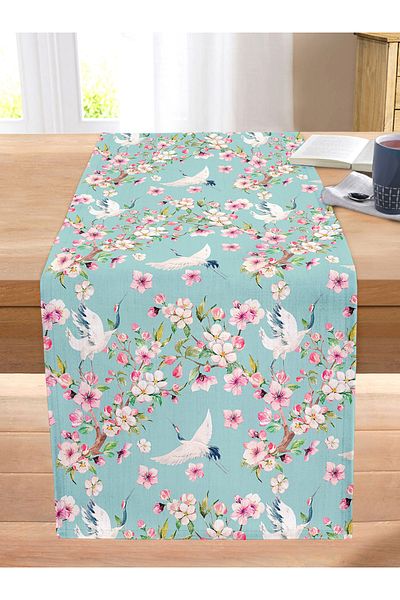 Realhomes Mint Green Background Modern Stitched Raschel Knitted Runner with Flower Stork Motif