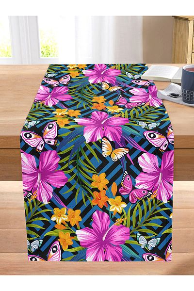 Realhomes Geometric Flowers with Blue Background Modern Design Stitched Raschel Knitted Runner