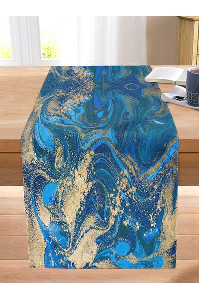 Realhomes Gold Gilt Digital Printed Modern Stitched Raschel Knitted Runner with Blue Background
