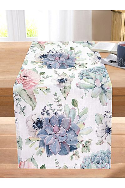 Realhomes Digital Printed Decorative Stitched Rahel Knitted Runner with Flower Motifs on White Background