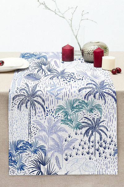 Realhomes Digital Printed Stitched Raschel Knitted Runner with Turquoise Palm Drawing