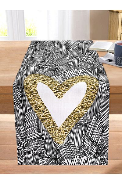 Realhomes Black Onedraw Drawing Gold Color Heart Patterned Digital Printed Modern Stitched Raschel Knitted Runner