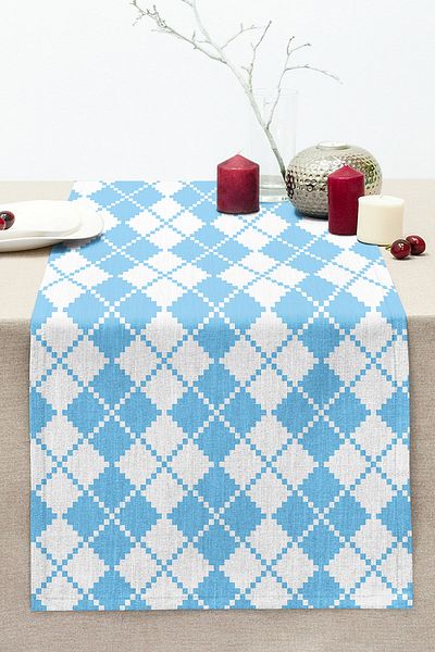 Realhomes Square Patterned Digital Printed Modern Stitched Raschel Knitted Runner on Blue Background