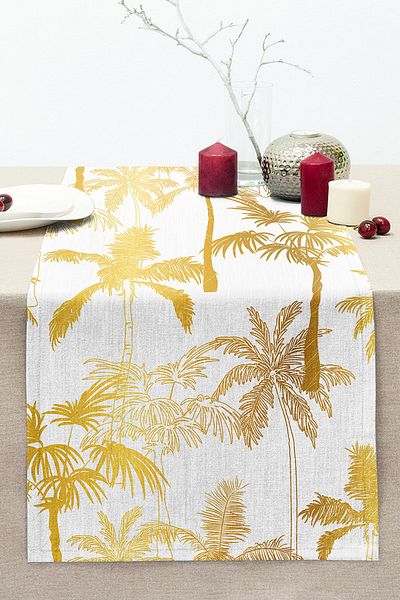 Realhomes Gold Colored Palms Specially Designed Stitched Raschel Knitted Runner