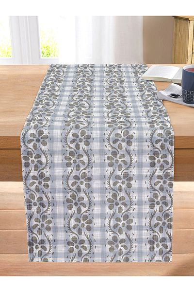 Realhomes Denim Background Decorative Flower Motif Stitched Raschel Knitted Runner