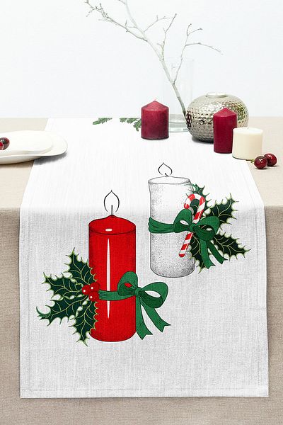 Realhomes Digital Printed Decorative Stitched Raschel Knitted Runner with Candle Holder Design Inside Pine Tree Leaves