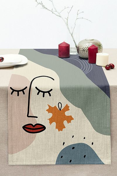 Realhomes Women's Silhouette with Onedraw Drawing on Pastel Background Digital Printed Modern Stitched Raschel Knitted Runner