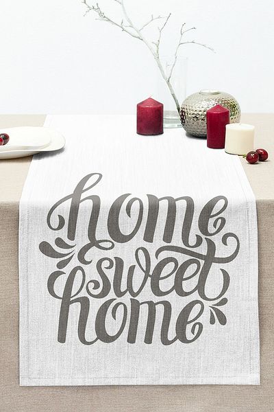 Realhomes Γκρι Home Sweet Home Μοντέρνα Ψηφιακή Εκτύπωση Ραμμένο Raschel Knitted Runner