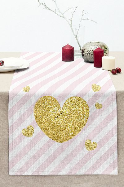 Realhomes White Background Pink Horizontal Striped Gold Detail Heart Pattern Digital Printed Modern Stitched Raschel Runner