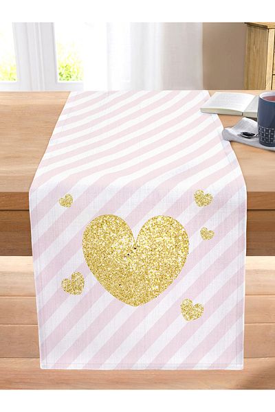 Realhomes White Background Pink Horizontal Striped Gold Detail Heart Pattern Digital Printed Modern Stitched Raschel Runner