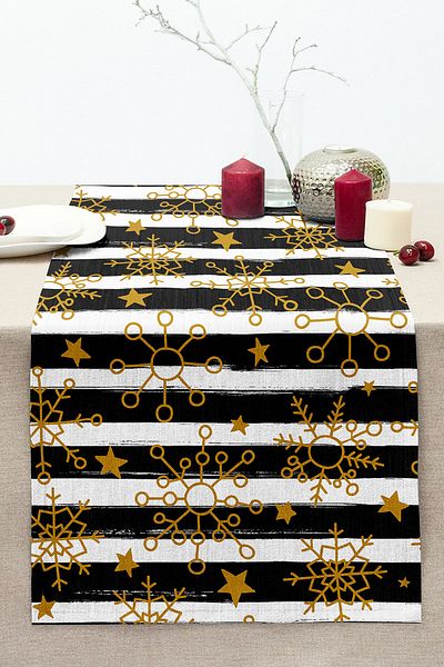Realhomes White Background Black Striped Gold Patterned Snowflake Digital Printed Modern Stitched Raschel Knitted Runner