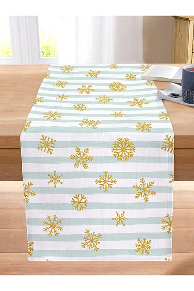 Realhomes White Background Colored Striped Gold Detail Snowflake Patterned Digital Printed Stitched Raschel Knitted Runner