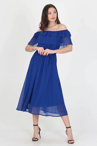 Neşeli Butik Rochie de damă Saks Blue Madonna cu guler și detaliu din șifon