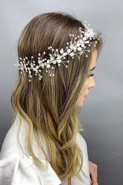 Hobigram Accesoriu de păr cu ramură de primăvară emailată albă pentru cele mai frumoase mirese – coroană, piatră de cristal, model elegant, tiara de mireasă