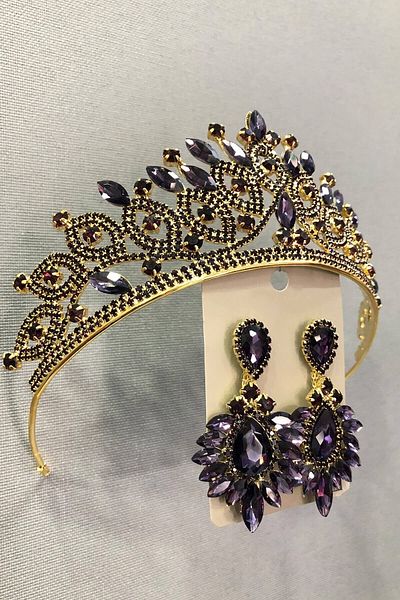 Hobigram Accesoriu pentru păr Prune Crystal Glass Stone Color Aur Henna Coroană și Set Cercei – Coroană, Crystal Stone –